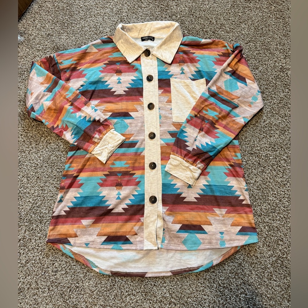 HEIMISH Aztec Multi Colored and Gray Long Sleeve Button Down Shirt - Picture 3 of 7